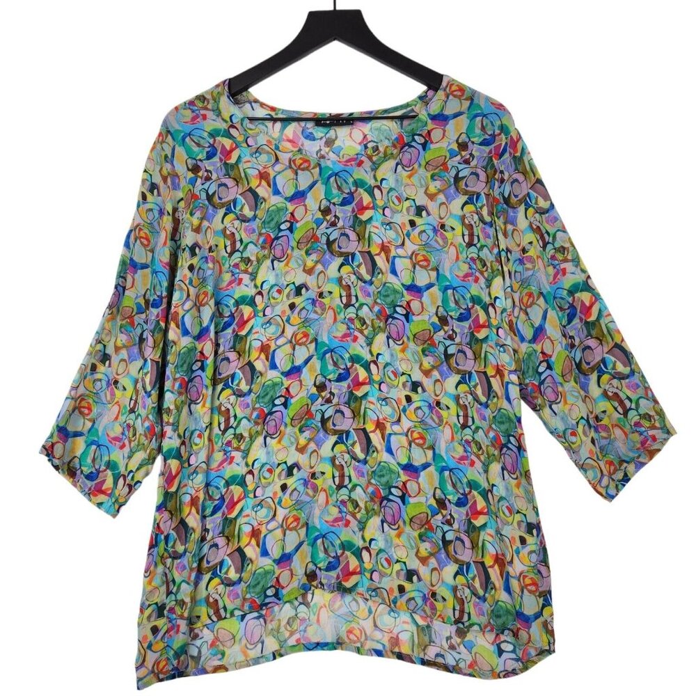 APNY Apparel Tunic Blouse Large Cupro Blend Sheer Whimsical Artsy Geo Fun Print